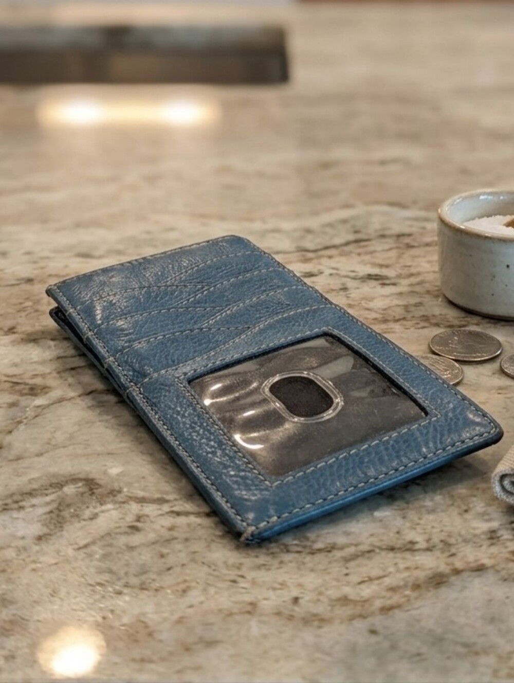 Tignanello Blue Leather Card Holder with Zipper Pouch And ID Window